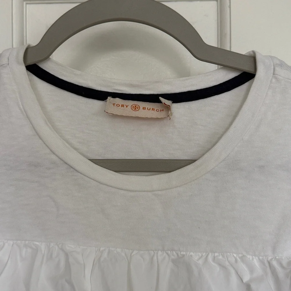 Tory Burch Frill Ruffle Tshirt Cotton Poplin Detail Crewneck White